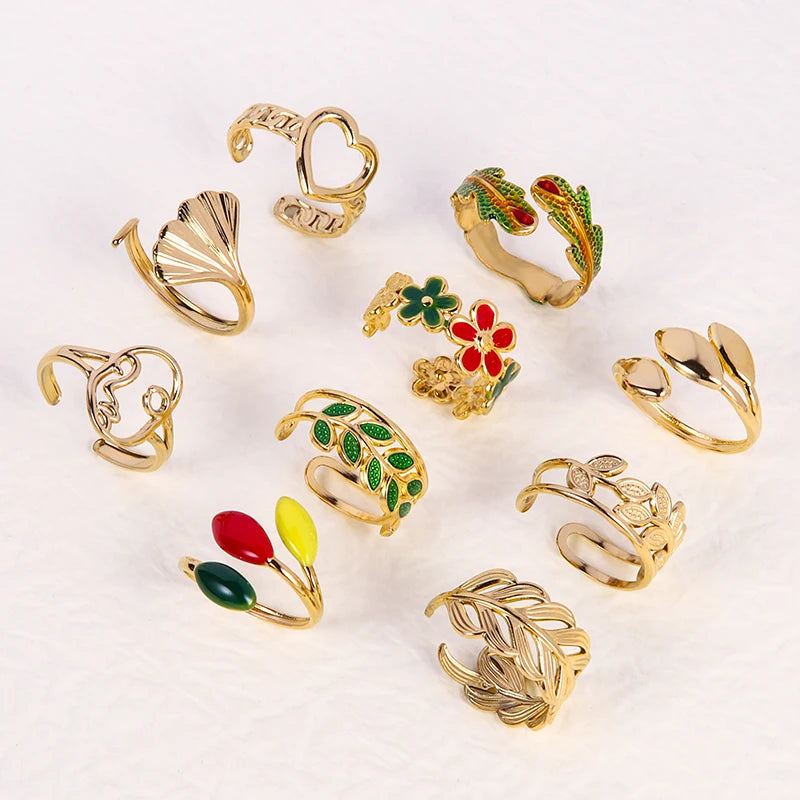 HOVANCI Fashion Gold Plated Ring Jewelry Oil Dripping Stainless Steel Flower Shape Finger Ring Set for Women