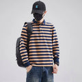 Men Cotton Breathable Sports Long Sleeve Striped Rugby Polo Shirt