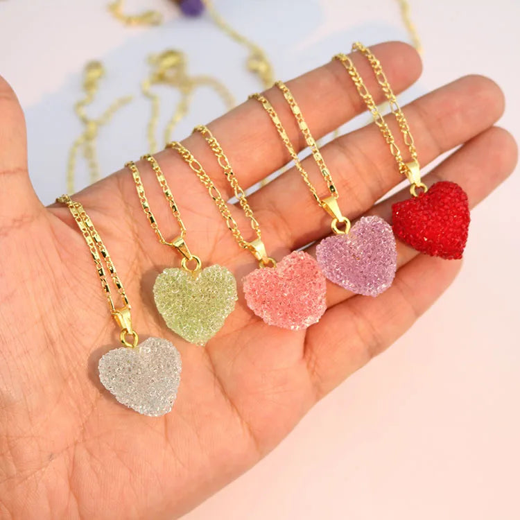NA1035  Chic Gummy Gold Plated Multi Colored Red Crystal Puffy Heart Pendant Valentine's Day Sweet Love Necklace  for Women