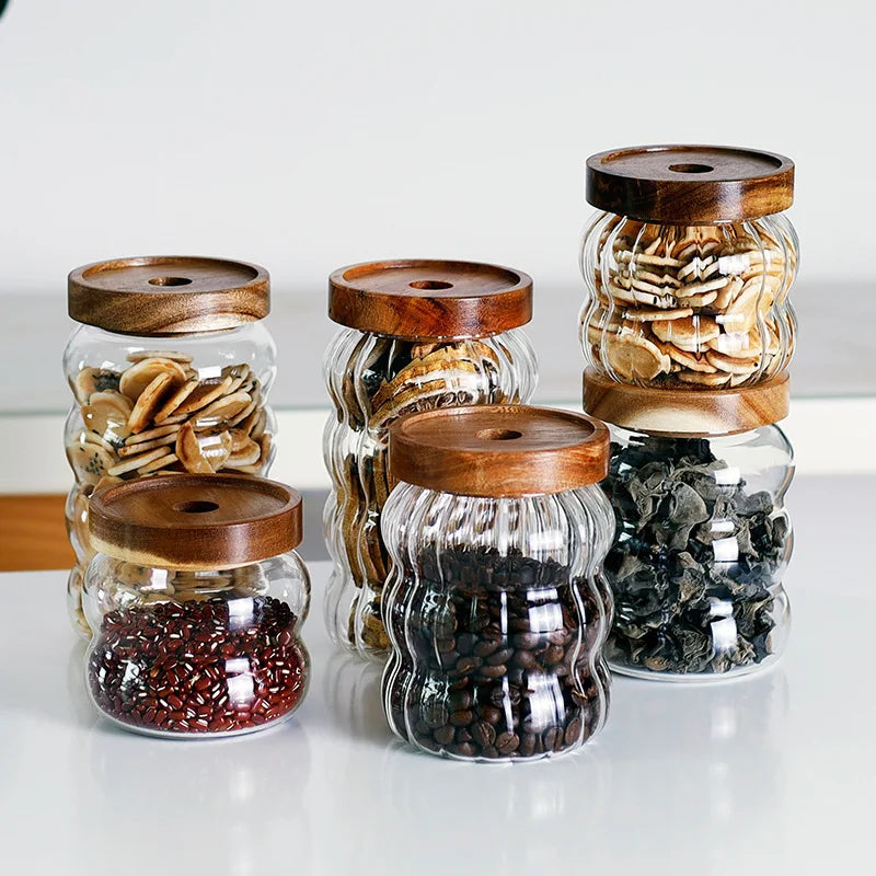 Custom High Borosilicate Clear Bubble Glass Jar Wood Lid Hand Blown Ribbed Modern Storage Kitchen Use Cover Condiments