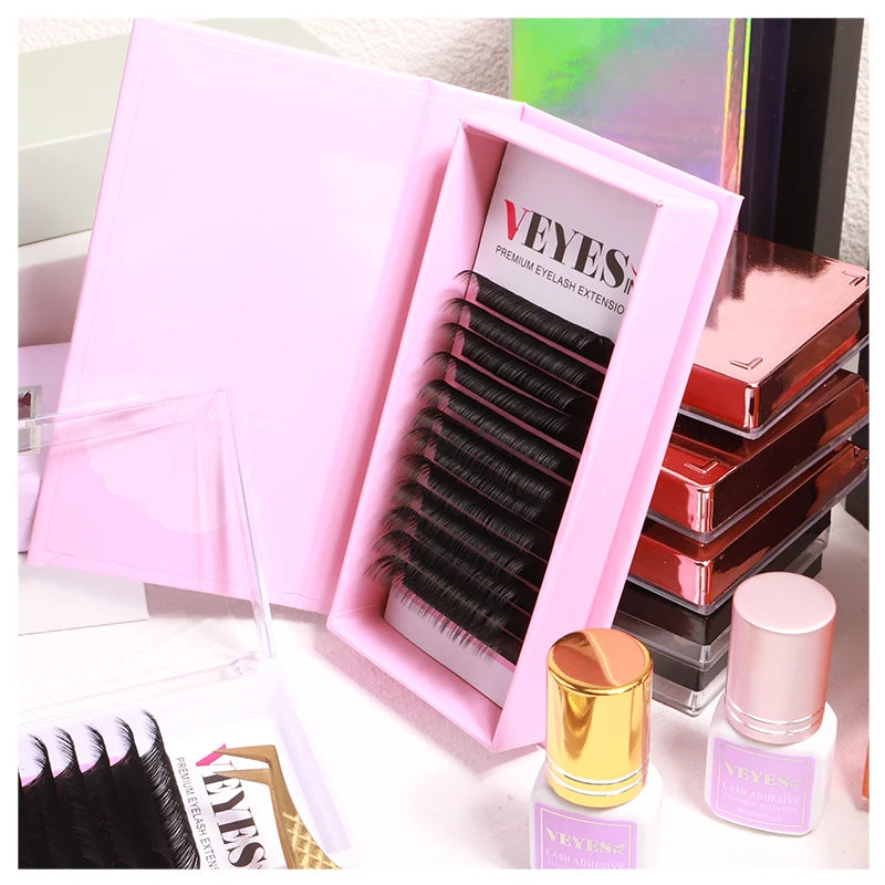 VEYES Handmade Premium Eyelash Extensions 0.03 0.05 0.07 Individual Lashes Soft Matte Black Volume Lash Trays Private Mixed