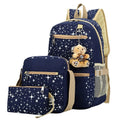 Star Printed Canvas Backpack with Bear Pendant 3pcs Set for Teenage Boys Girls Zipper Closure School Bookbags Crossbody Bag