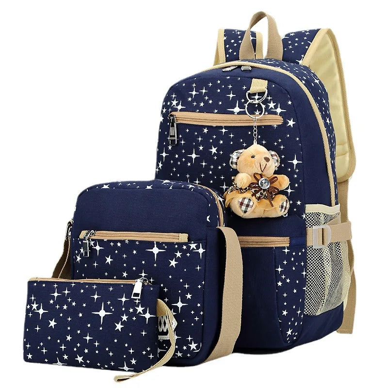 Star Printed Canvas Backpack with Bear Pendant 3pcs Set for Teenage Boys Girls Zipper Closure School Bookbags Crossbody Bag