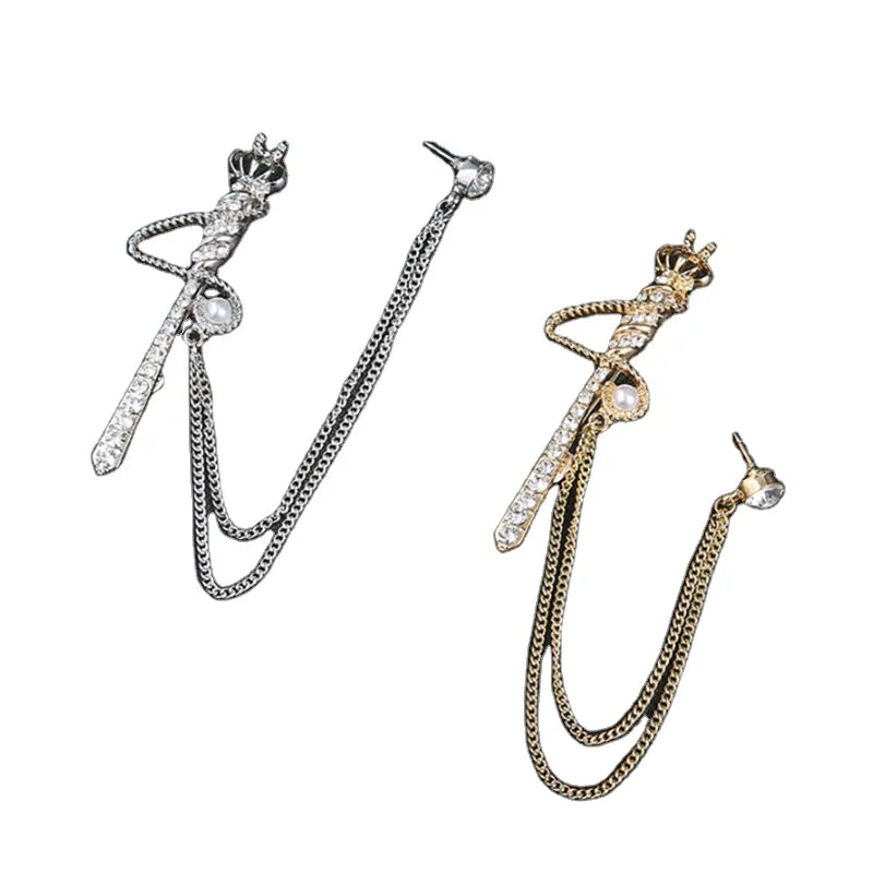 Vintage Lapel Pin Crown King Scepter Chain Brooch Encrusted Rhinestones Alloy Male Suit Decorative Crystal Mens Brooches Pins