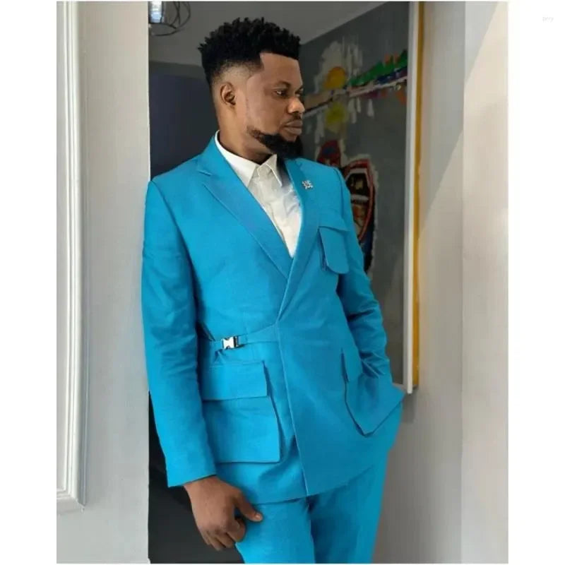 Men's Suits Blue 2 Pcs Buckle Pocket Design Blazer Pants Double Vents Wedding Groom Prom Tailored Made Costume Homme Jacket Pant