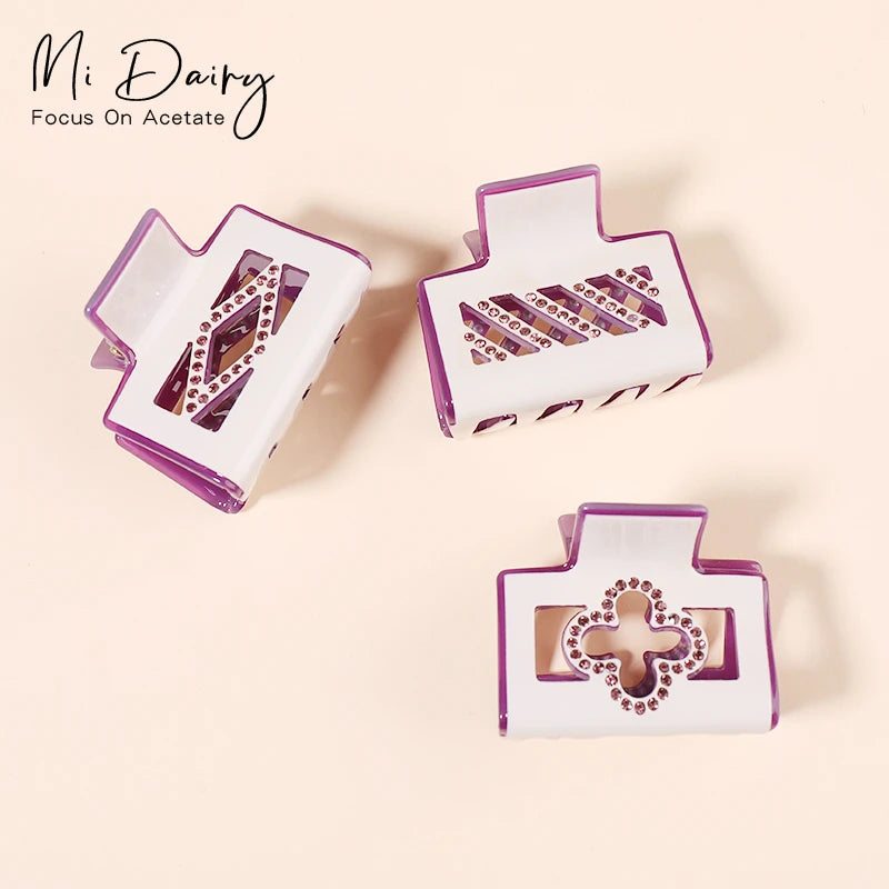 Mi Dairy Women Sweet Hair Claw Bio Acrylic Jaw Clips  White Hollowed Rectangle Hair Claw Clips with Rhinestone 223469