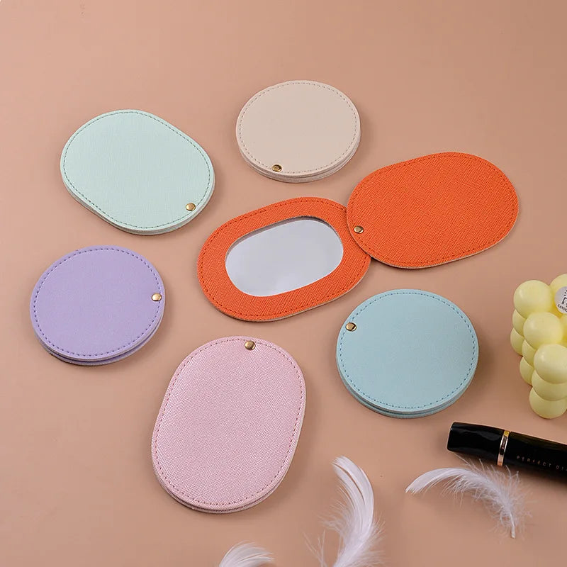 Factory Oval/Round Travel Pocket Mirrors Private Label PU Makeup Mirror with Rotating Protective Cover