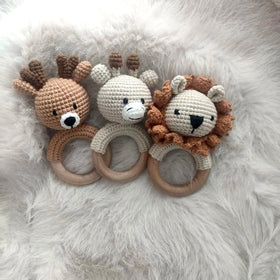 100% Handmade Soft Toy Beech Wood & Cotton Crochet Bunny Fox Bear Rattle Teething Toys