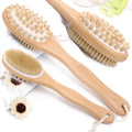 Natural Cactus Bristle Fashion Long Handle Bamboo Wood Body Exfoliating Dry Bath Shower Brush with Sisal Loofah Sponge Bag