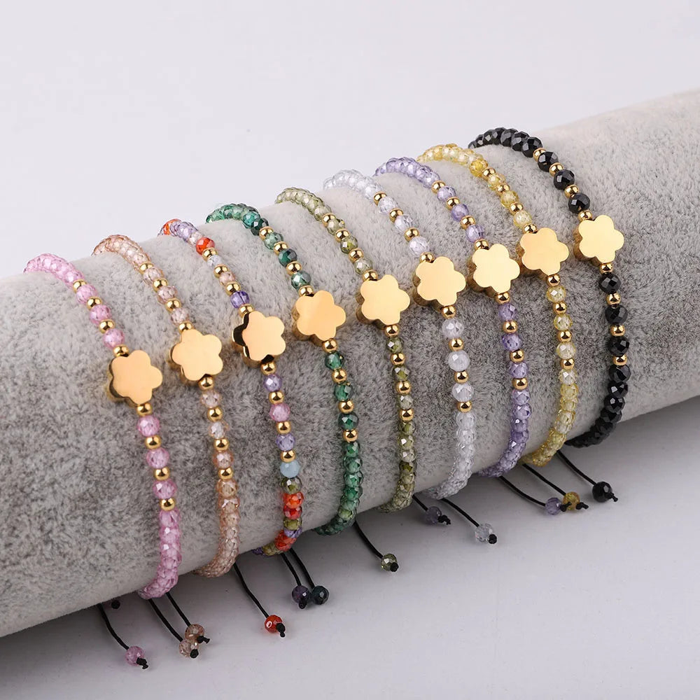 New Fashion Design 3mm Faceted Gemstone Jewelry Stainless Steel Five Clover Flower Charm Macrame Adjustable Bracelet Custom