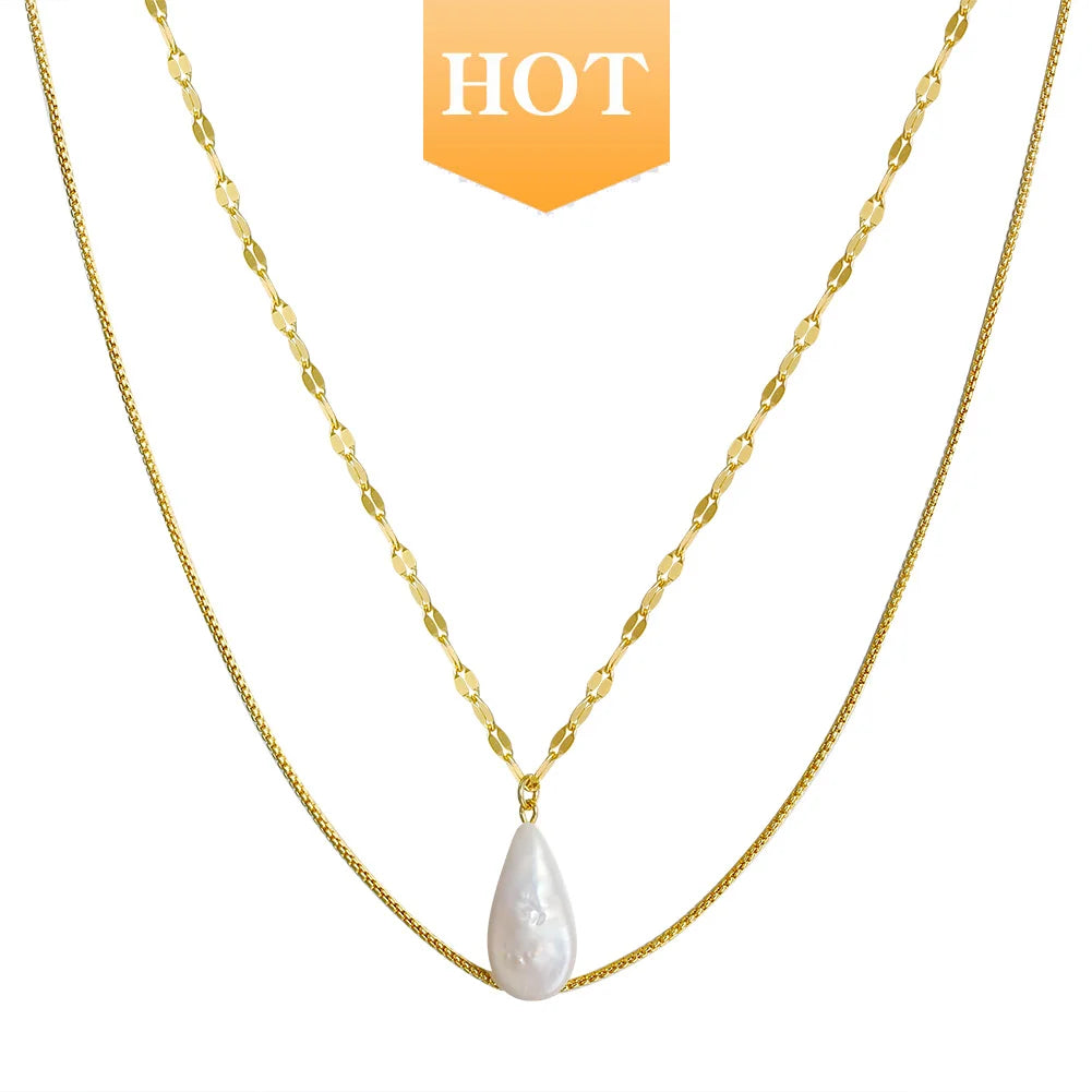 RINNTIN GPN15 Handmade 925 Sterling Silver 14k Gold Plated Box Chain  Freshwater Pearl Pendants Double Layer Necklace