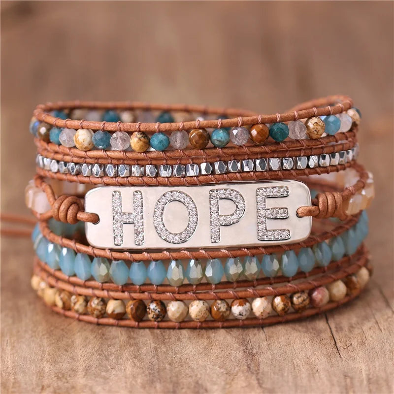 Zircon Stone Hope Bar Charm Gemstone 5 Rows Beads Leather Wrap Bracelet Healing Gypsy Women Cuff Bracelet Jewelry Dropshipping