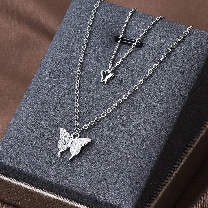 2023 New Shiny Gold Butterfly Stainless Steel Women's Exquisite Silver Color Double Layer Clavicle Chain Necklace Gift