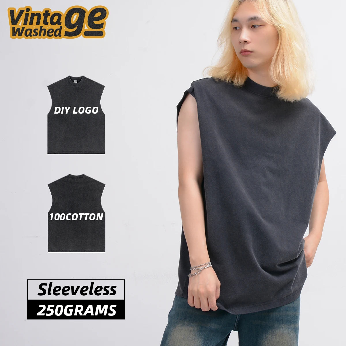 Men Acid Wash Tshirt Distressed Plain Vintage Custom Sleeveless t Shirt Camiseta Sin Mangas Para Hombre Sleeveless T-shirt