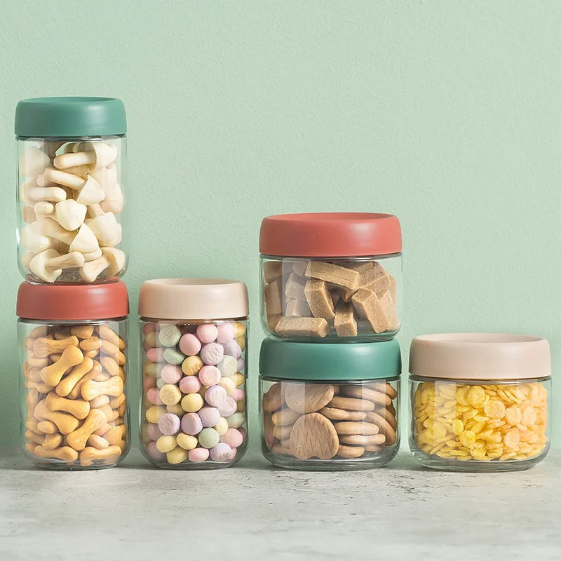 High White Glass Storage Jars with Spiral Mouth and Plastic Colored Lid Aluminum Cap for Home Use with Sugar and Jelly