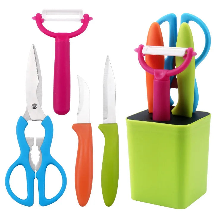 Wholesale 5Piece Kitchen Supplies Accessories Colorful Walnut Scissors Grater Paring Fruit Knife Set with Holder Storage Bucket