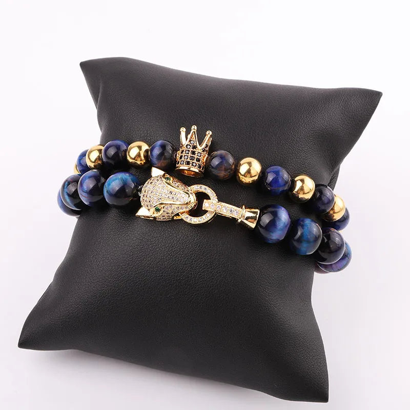 New Design Natural Gemstone Aurora Tiger Eye CZ Leopard Crown Charm Beads Elastic Bracelet