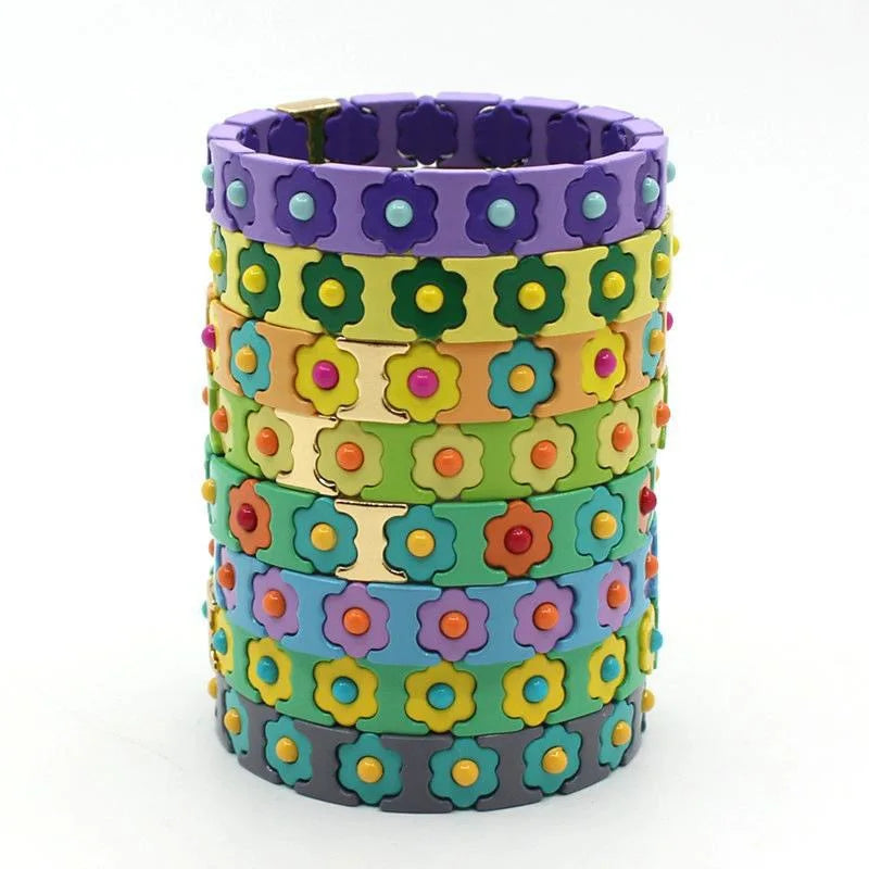 Factory Support Boho Arrow Rainbow Enamel Tile Bracelet Handcrafted Elastic Oil Painted Flower Tile Bead Bracelet for Women