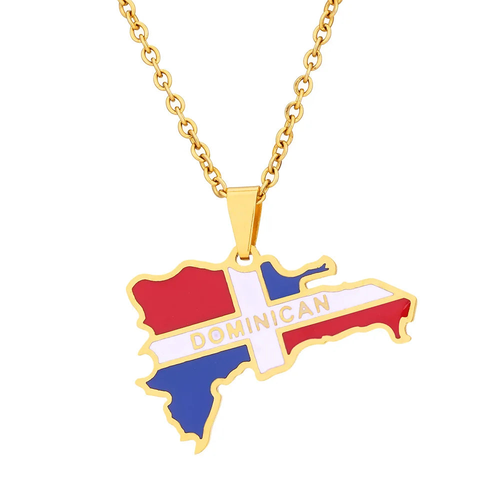 The Dominican Republic Map Shaped Pendant Stainless Steel Necklace with National Flag Patriotic Necklace Party Gift School Award