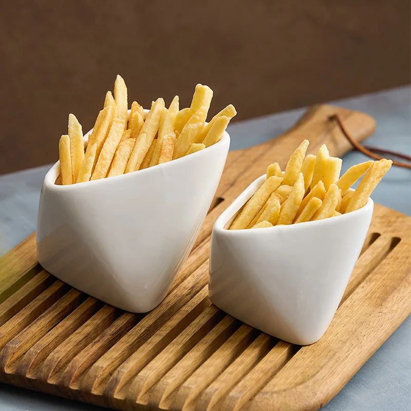 Eco-Friendly Creative Design White Ceramic Chip Dip Bowl Set Soup Ceramic Bowl Tray for Restaurant Snack Foods for Fries Other