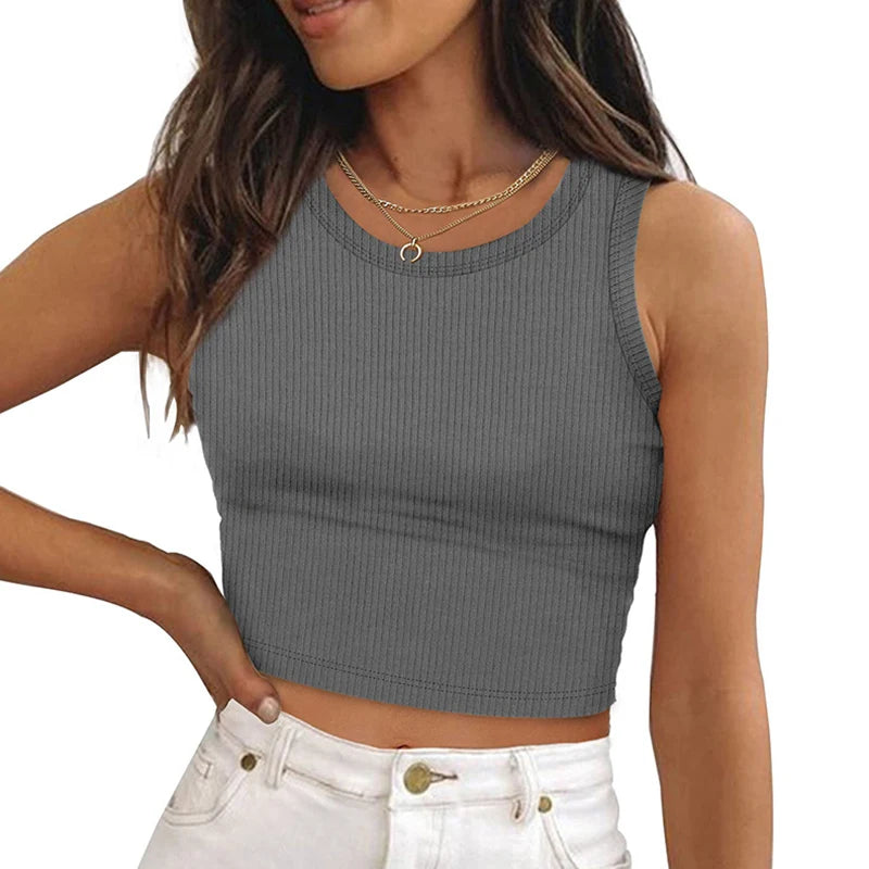Women Casual Basic Sleeveless High Neck Cotton Ribbed Knit Crop Top Wholesale