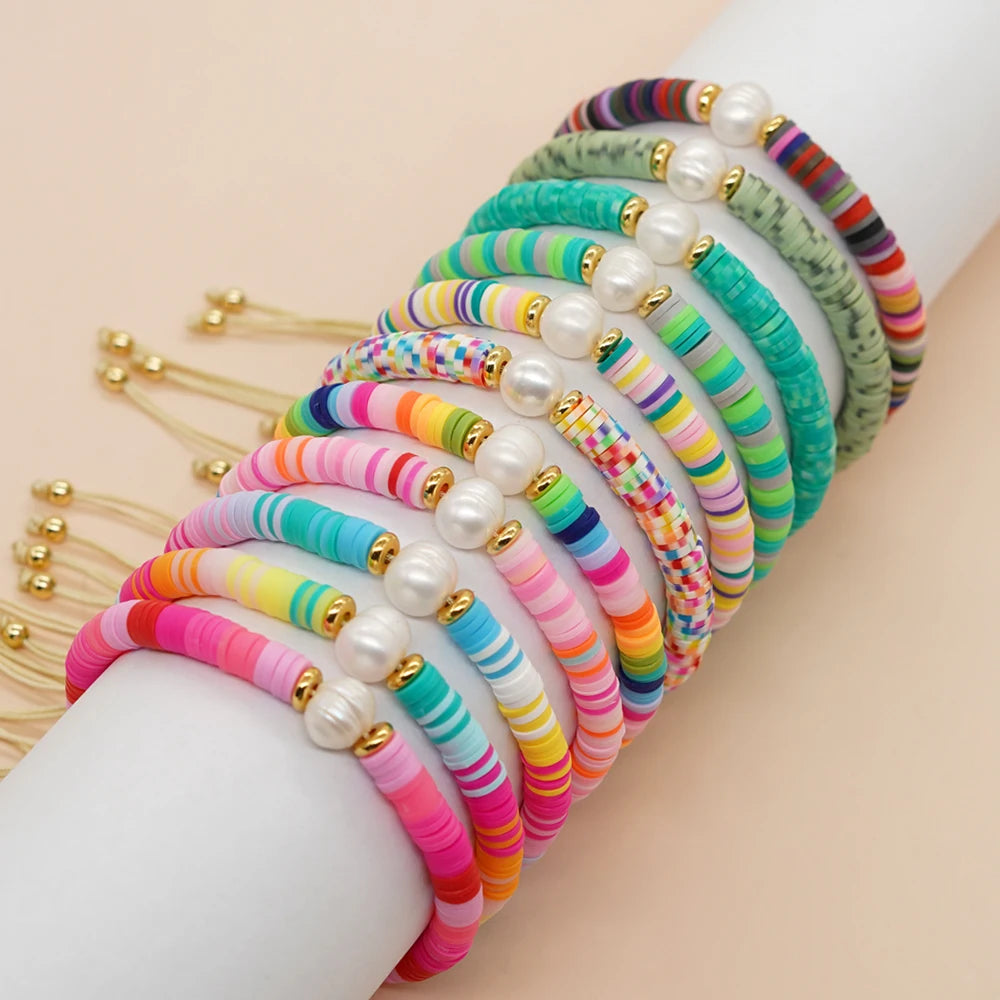 Go2boho Handmade Summer Freshwater Pearl Bracelet Rainbow Colorful Heishi Beaded Drawstring Fashion Jewelry for Women Gift