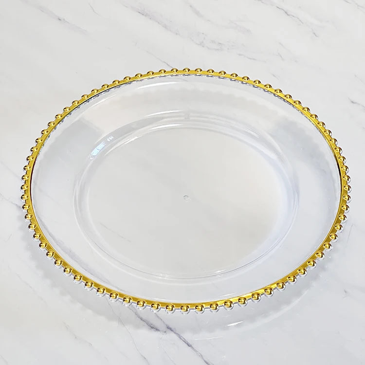 Wedding Banquet Decorative Plate Transparent Gold Rimmed Beaded Fruit Plate Charger Plates