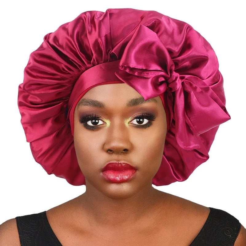 Wholesale Custom Logo Hair Accessories Large Satin Bonnets Fashion Bonnets Satin Hair Wraps With Tie Belt for Women