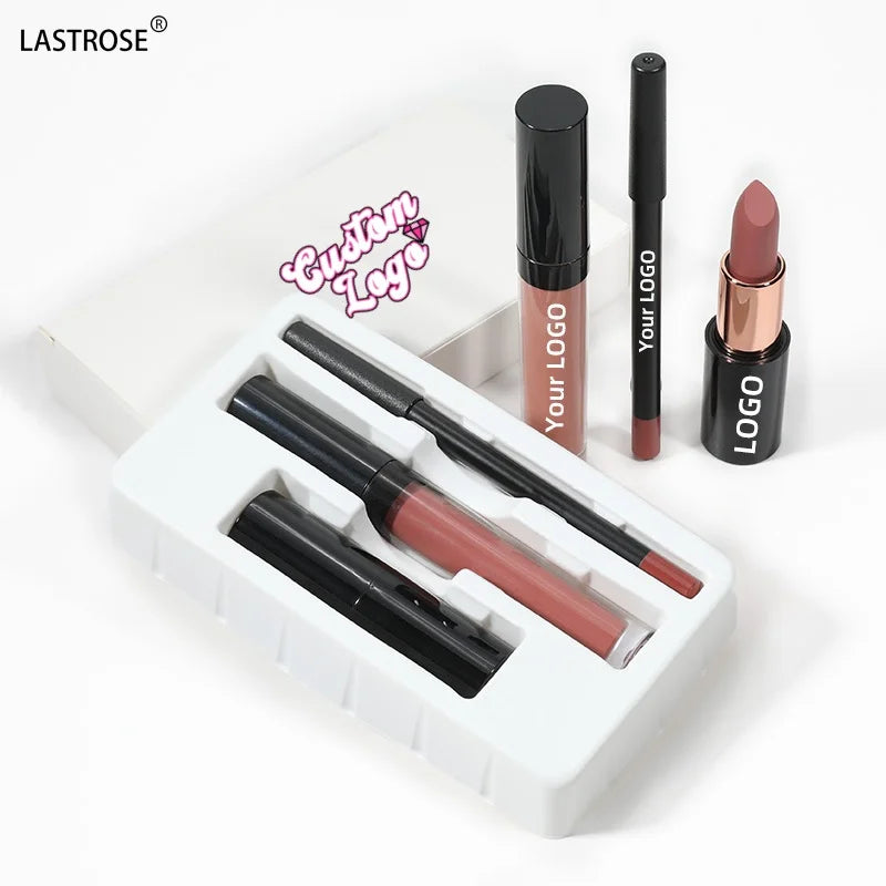 3 in 1 Waterproof Lipstick Lip Gloss Matte High Pigment Lip Liner Nude Vegan Liquid Lip Kit Private Label Lipgloss Makeup Set