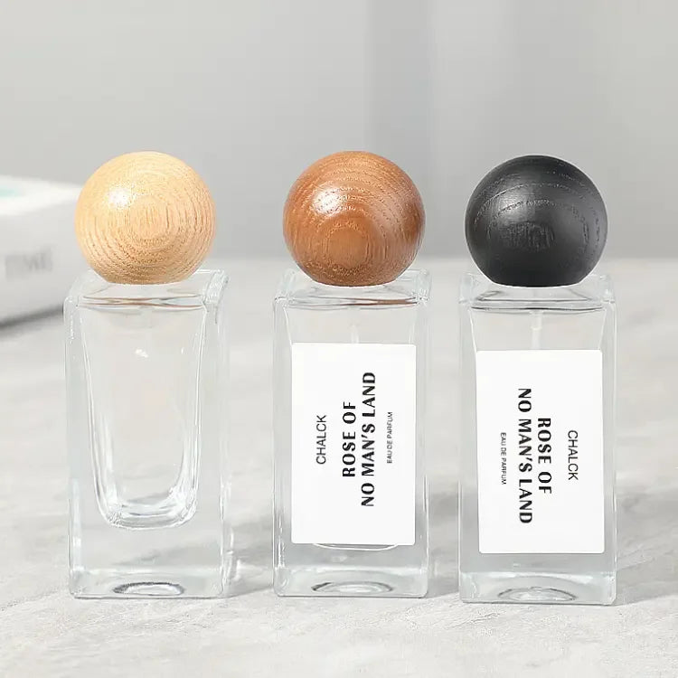 Round Wood Cap Luxury Empty Round square Thick Bottom Glass Spray Bottle 30ml 50ml Refillable Fine Mist clear Perfume Bottle