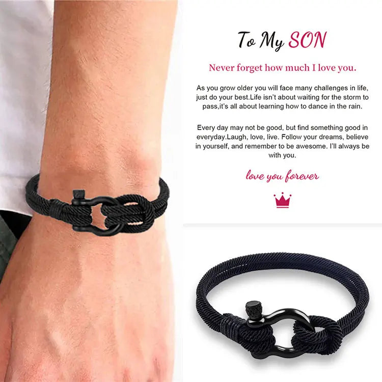 SC Wholesale Milanese Rope Survival Bracelets Men Custom Cards Titanium Steel Horseshoe Buckle Bracelet to My Son Daughter