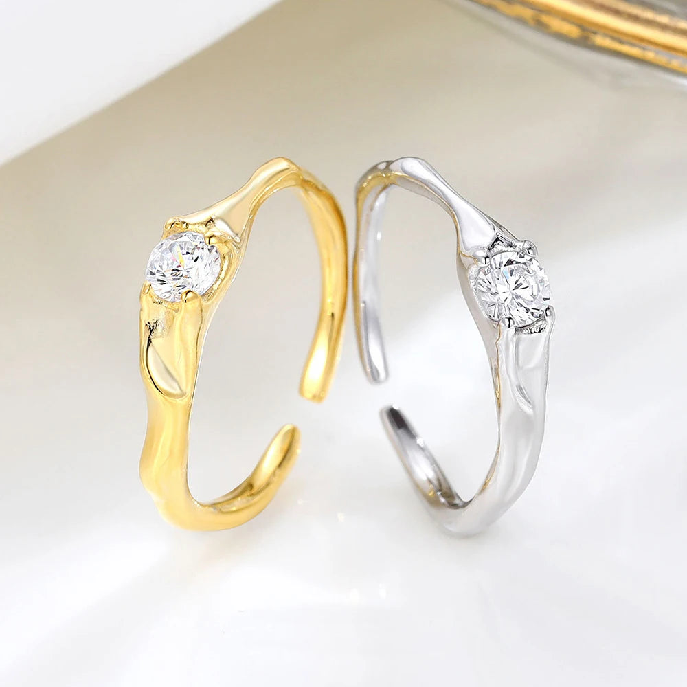 Dainty 925 Sterling Silver Irregular Fold 18k Gold CZ Diamond Open Finger Ring for Women