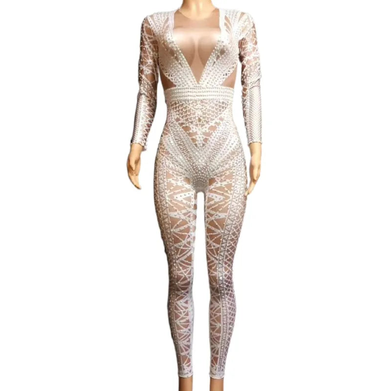 Fashion Stretch Skinny Print Rhinestones Bodysuits Pole Dance Leotard Stage Costume Women Bodycon Prom Club Jumpsuits Playsuits