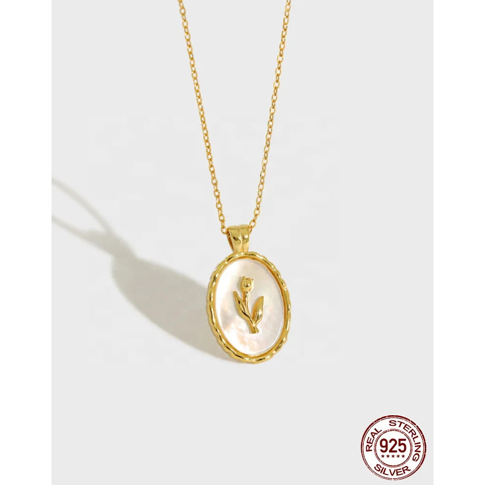 Dainty S925 Sterling Silver Necklace Oval Shell Tulip Pendant Necklace for Women S925 Jewelry