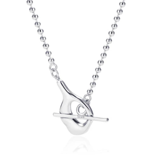 S925 Sterling Silver Small Ball Chain Irregular Hammered Toggle OT Clasp Necklace for Women