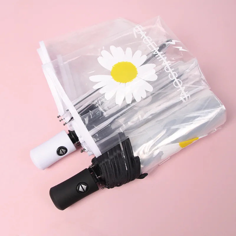 Japanese Small Fresh Transparent Umbrella 3 Folding Daisy Fully Automatic Wind Proof Flower Printed Clear Rain Umbrella