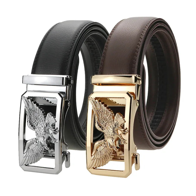 LQbelt Gold Eagle Men's Automatic Buckle Belt Leather Belts for Male Custom Logo Factory Ratchet Belt
