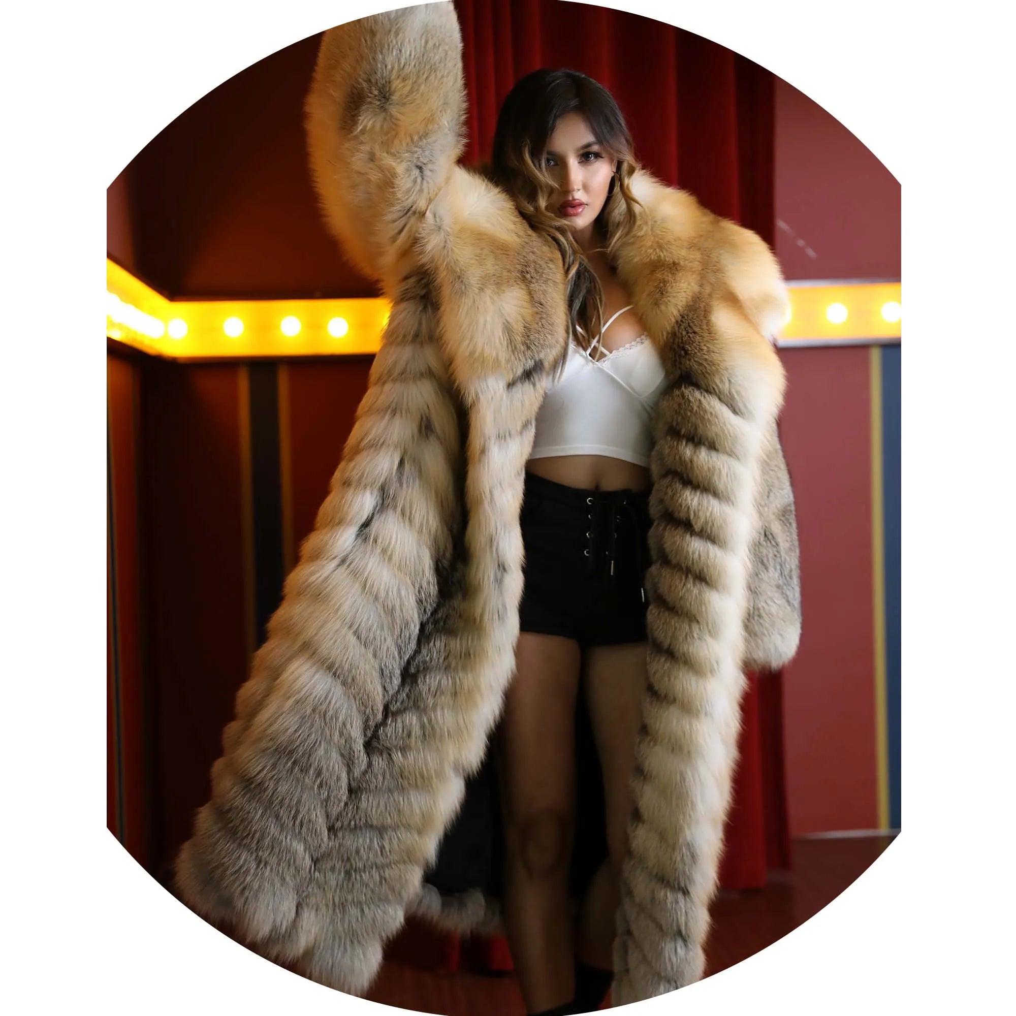Top Smooth Long Fur Luxury Thick Full Length Long Golden Real Fox Fur Coat