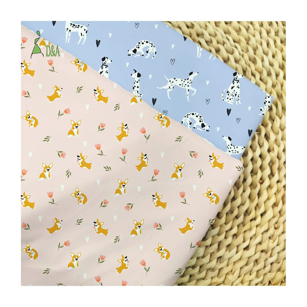 Custom Digital Printed 100% Cotton Fabric Blue Pink Cartoon Dogs for Kid's Clothing-Medium Weight Girls' Shirts Dresses Covers