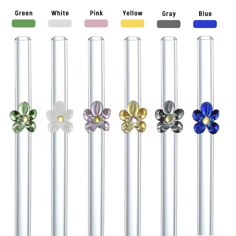 6 Pcs Cocktail Bar Accessories Butterfly Bow Reusable Bend Custom Cute Color Flower Daisy Glass Straws with 2 Cleaning Brushes