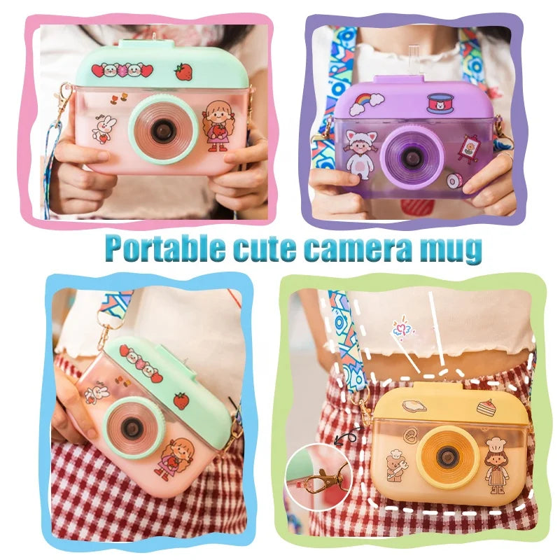 Creative Cute Kawaii with Straw and Strap Plastic Camera Shape Water Bottle