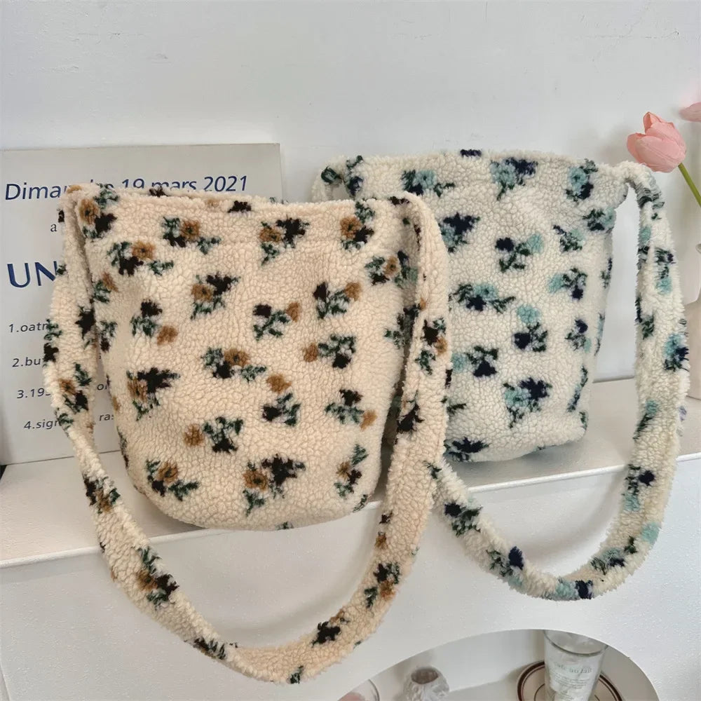 Faux Lamb Wool Bucket Messenger Bag Women's Vintage Plaid Floral Shoulder Bags Ladies Soft Plush Large Capacity Handbags Female