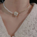 Luxury Wedding Jewelry Gold Plated Pearl Bead Chain Necklace Bling Crystal Tennis Chain Drop Oil Flower Charm Necklace