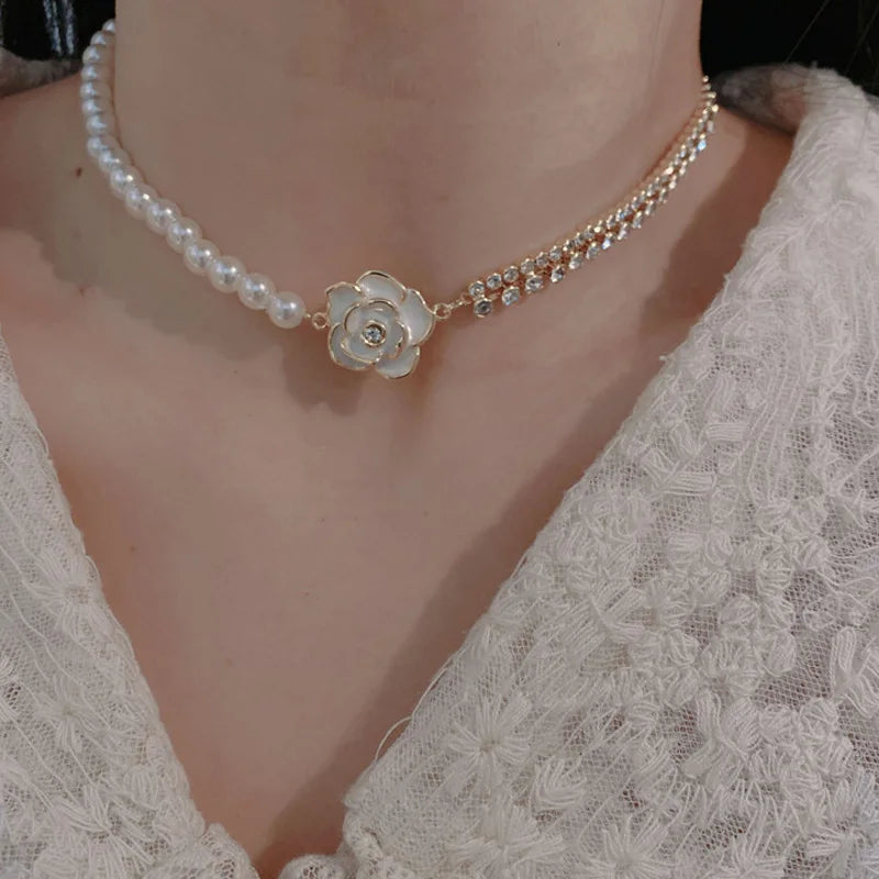 Luxury Wedding Jewelry Gold Plated Pearl Bead Chain Necklace Bling Crystal Tennis Chain Drop Oil Flower Charm Necklace