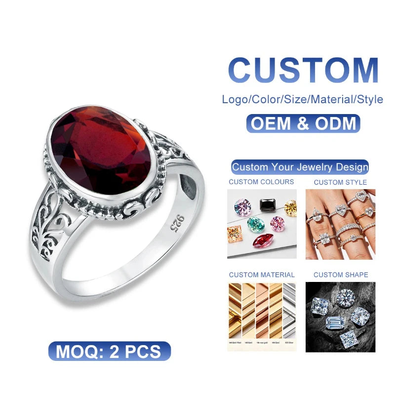 Women Genuine 925 Sterling Silver Gemstones Vintage Ruby Oval Women Rings Jewelry