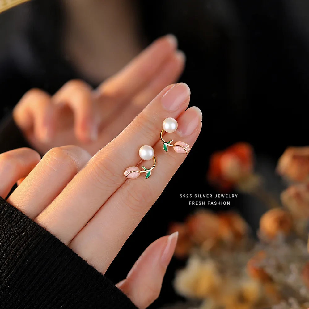 Sweet Simple Fancy Pure 925 Sterling Silver Pearl Pink Tulip Flower Stud Earrings for Women Girls Jewelry