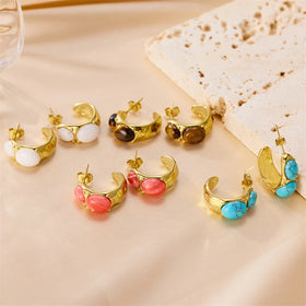 Women Vintage Natural Stone 18k Plating Turquoise Jewelry Gold Earrings
