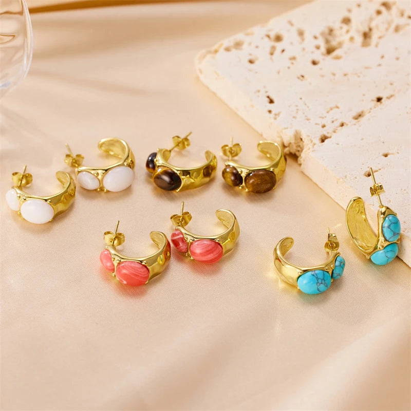 Women Vintage Natural Stone 18k Plating Turquoise Jewelry Gold Earrings