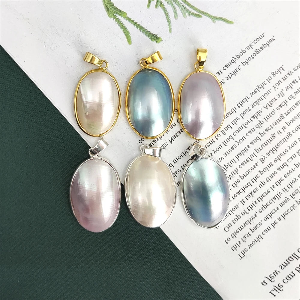 Wholesale Woman Natural Big Oval Shape Cabochon Black White Pink Pearl Shell Gold Plated Bezel PendantJewelry Necklace Making