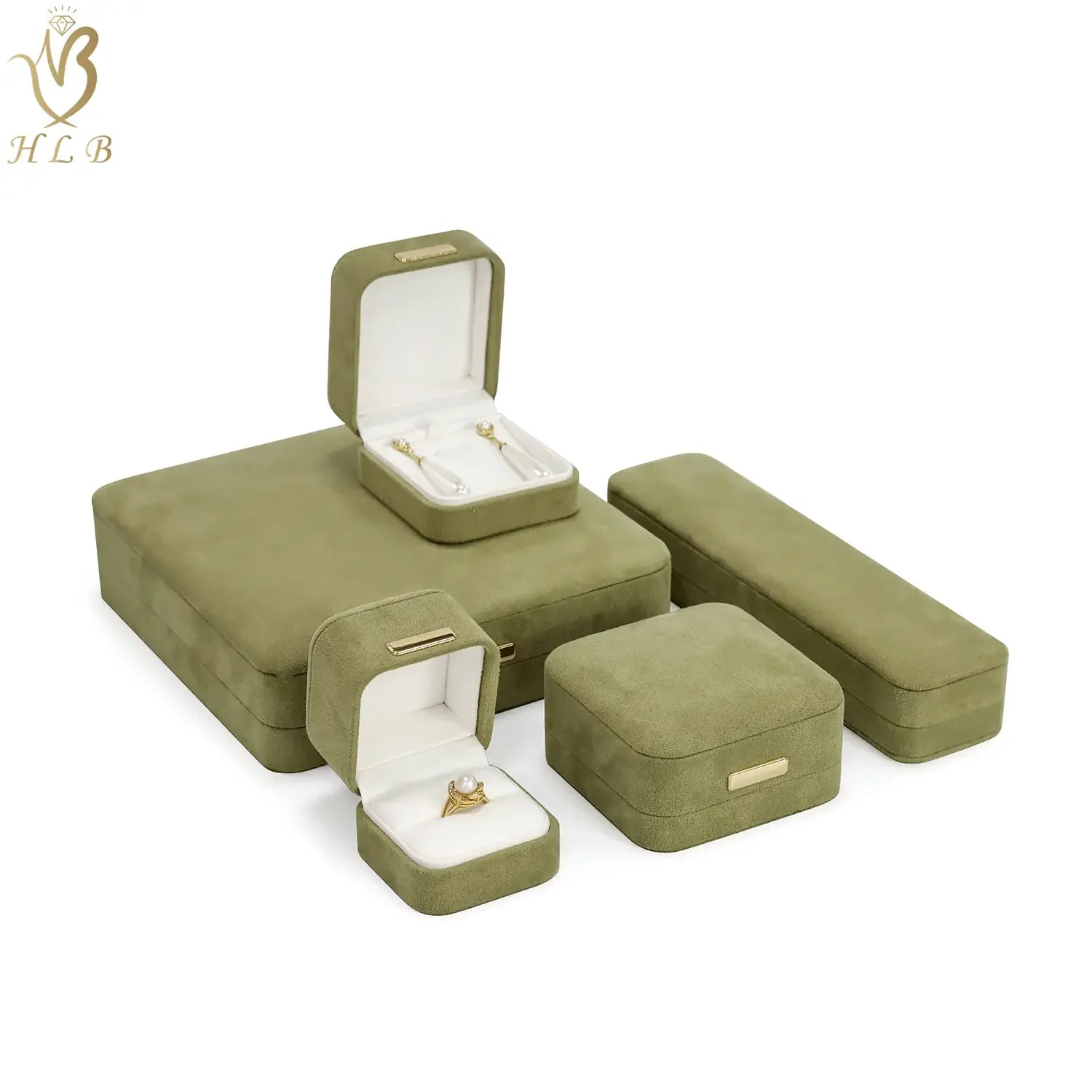 Bulk Stock Ring Earrings Necklace Bracelet Gift Jewellery Packaging Green Velvet Luxury Jewlery Box Packaging with Custom logo